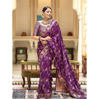 LEAFSY Woven Banarasi Pure Silk Saree (Purple)