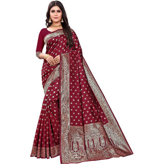 LEAFSY Embellished Banarasi Pure Silk Saree (Maroon)