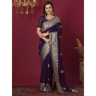 LEAFSY Embellished, Woven Banarasi Jacquard Saree (Purple) LEAFSY Embellished, Woven Banarasi Jacquard Saree (Purple)