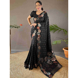 LEAFSY Woven Banarasi Jacquard Saree (Black, Multicolor) LEAFSY Woven Banarasi Jacquard Saree (Black, Multicolor)