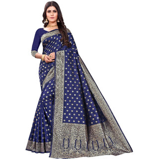                       LEAFSY Embellished Banarasi Pure Silk Saree (Dark Blue)                                              