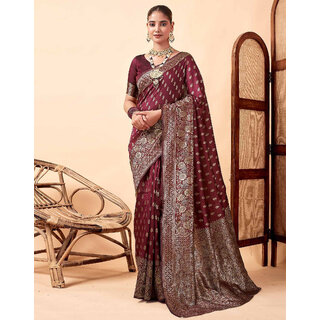 LEAFSY Woven Banarasi Pure Silk Saree (Maroon)