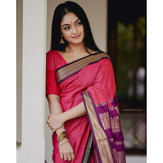                       LEAFSY Printed Banarasi Jacquard Saree (Pink)                                              