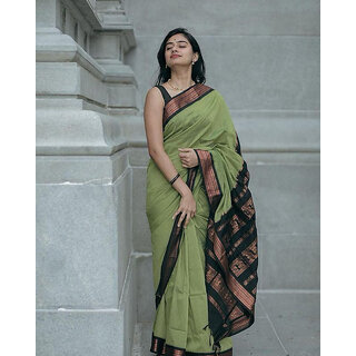                       LEAFSY Printed Banarasi Jacquard Saree (Light Green)                                              