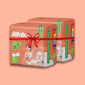 Alfaby Baby Diapers | Long Lasting Dryness | Leak Proof | 12 hrs protection - L (124 Pieces)