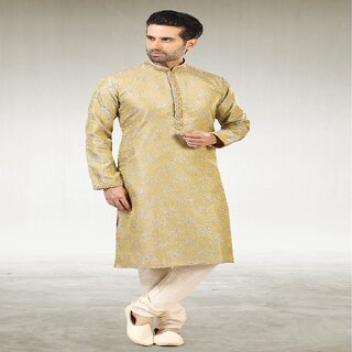                       Raivat Ethnic Gold Beige Colour Jacquard Silk Brocade Kurta Pajama 1026                                              