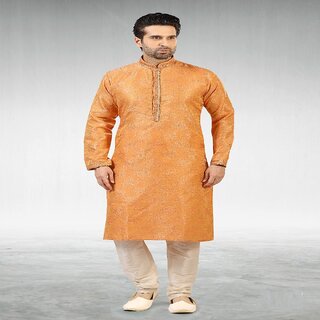                       Raivat Ethnic Dark Peach Colour Jacquard Silk Brocade Kurta Pajama 1028                                              