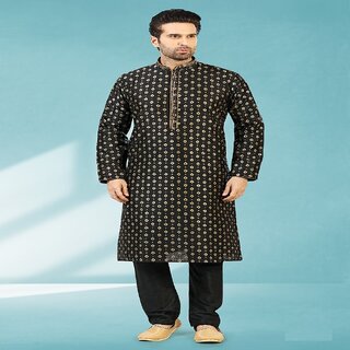                       Raivat Ethnic Black Colour Jacquard Silk Brocade Kurta Pajama 1041                                              
