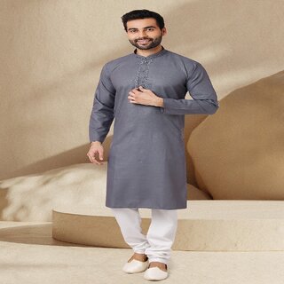                       Raivat Ethnic Grey Colour Jacquard Silk Brocade Kurta Pajama 1143                                              