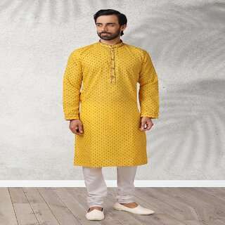                       Raivat Ethnic Yellow Colour Cotton Kurta Pajama 1174                                              