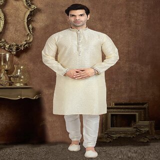                       Raivat Ethnic Cream Colour Jacquard Silk Brocade Kurta Pajama 1224                                              