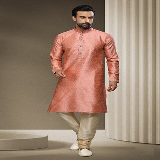                       Raivat Ethnic Peach Colour Jacquard Silk Brocade Kurta Pajama 1546                                              