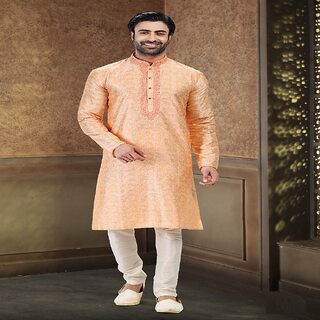                       Raivat Ethnic Peach Colour Jacquard Banarasi Silk Thread Work Kurta Pajama 2025                                              
