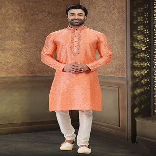                       Raivat Ethnic Orange Colour Jacquard Banarasi Silk Thread Work Kurta Pajama 2027                                              