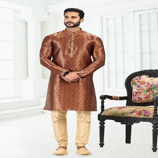                       Raivat Ethnic Rust Brown Colour Banarasi Silk Digital Print Kurta Pajama 2068                                              