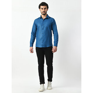 Elegant Men Alokk Men Regular Fit Solid Curved Collar Casual Shirt (Blue) 2025 at ShopCircuit | 