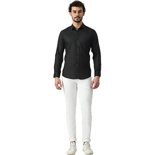                       Alokk Men Regular Fit Solid Button Down Collar Casual Shirt (Black)                                              