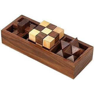                       Anmolg Wooden Puzzle 3 In 1 Games Set, Includes Wood Interlocking Blocks(Brown)                                              