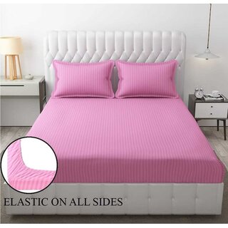                       Queen Size Striped Elastic Fitted Bedsheet with Two Pillow Covers                                              