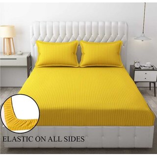                       Queen Size Striped Elastic Fitted Bedsheet with Two Pillow Covers                                              
