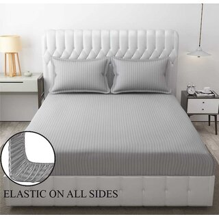                       Queen Size Striped Elastic Fitted Bedsheet with Two Pillow Covers                                              