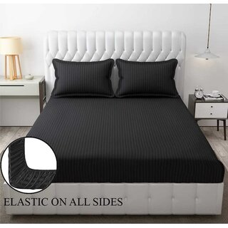                       Queen Size Striped Elastic Fitted Bedsheet with Two Pillow Covers                                              