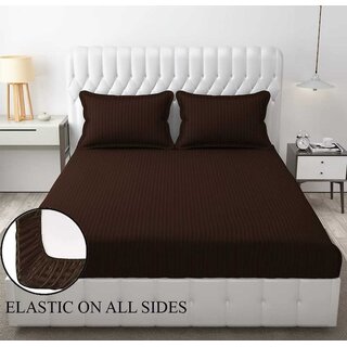                       Queen Size Striped Elastic Fitted Bedsheet with Two Pillow Covers                                              