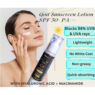 Goit Sunscreen SPF 50++++, Ultimate Shield for Indoor Outdoor Protection, Enriched With Hyaluronic Acid Niacinamide, 50gm, With Korean Beauty Cica Leaf Goit Sunscreen SPF 50++++, Ultimate Shield for Indoor Outdoor Protection, Enriched With Hyaluronic Acid Niacinamide, 50gm, With Korean Beauty Cica Leaf