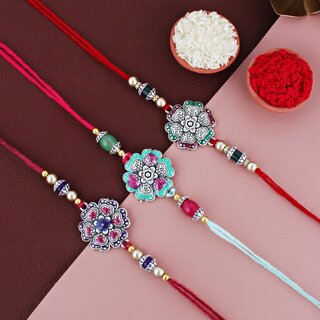 (Pack of 3) Antiqworld Oxidised Silver Meena Floral Rakhi For Brother/Bhaiya/Bhai/Bhabhi Assorted Colour (Pack of 3) Antiqworld Oxidised Silver Meena Floral Rakhi For Brother/Bhaiya/Bhai/Bhabhi Assorted Colour