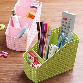                       Plastic Storage Box Desktop 4 Grid Sub-grid Storage Case Multi-function Storage Organizer for Remote Controller Cosmetic Holder - (Pink)                                              