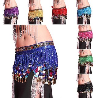                       Multi Color Chiffon Belly Dance Hip Scarf Coin Sequin Belt Skirt Tassel Hip Wrap 8 Colors - (Red)                                              