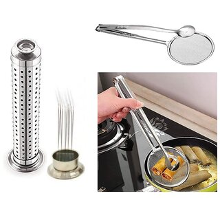                      Combo of : Stainless Steel Agarbatti Stand Incense Stick with for Office Stainless 1 | 2 in 1 Fry Tool Filter with Frying Stainless Strainer Strainer Pack of 1)                                              