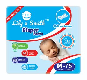 Lily n Smith Baby Diapers M Size (Medium) Pants Style  7-12 kg  75 Count - Pack of 1  Cotton Soft Baby Diaper with Le
