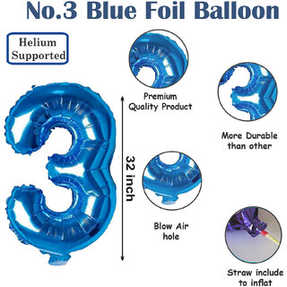                       Fun Town Solid Blue 3rd Number Foil Balloons 32 toy Birthday Party Decoration Helium Supported                                              