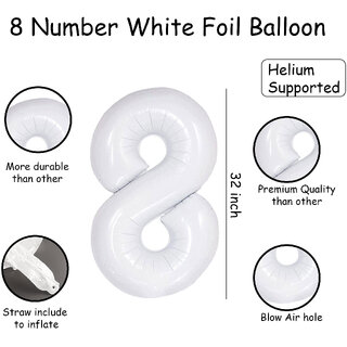                      Fun Town Solid White 8 Number Foil Balloons 32 Birthday Party Decoration Helium Supported                                              