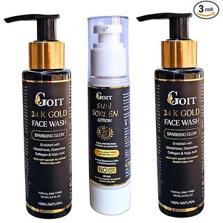 Goit Skincare Combo for Radiant Skin, With 24 k Gold Face Wash with Glutathione Kojic acid, collagen Sunscreen Lotion 24-Hour Protection All Type Of Skin Goit Skincare Combo for Radiant Skin, With 24 k Gold Face Wash with Glutathione Kojic acid, collagen Sunscreen Lotion 24-Hour Protection All Type Of Skin
