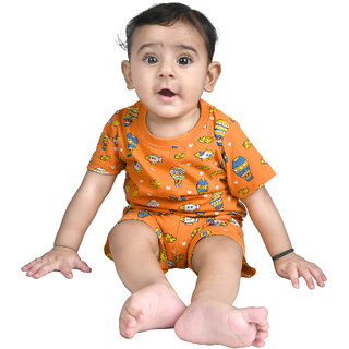                       Kid Kupboard Cotton Baby Boys T-Shirt and Short Set, Light Orange, Half-Sleeves, 9-12 Months KIDS7748                                              