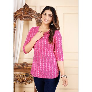                       Women Striped Cotton Blend Straight Casual KurtI Top For Women's - Pink                                              