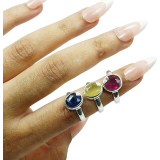 Jaipur Gemstone Handmade Silver-Plated Ring with Blue Sapphire, Yellow Sapphire, and Ruby Jaipur Gemstone Handmade Silver-Plated Ring with Blue Sapphire, Yellow Sapphire, and Ruby