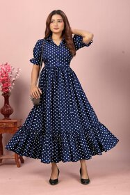 Fancy Flair Women Navy Blue Short Sleeve Polkadot Fit  Flare Dress