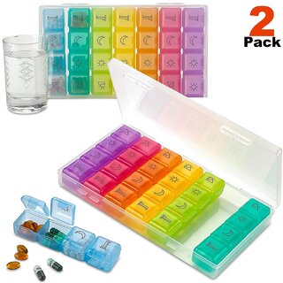                       Weekly Pill Organizer - Pack of 2-4 Compartment Am/Pm Pill Box, 7 Day Large Travel Medication Dispenser Case for Vitamins, Supplements and Medicine                                              