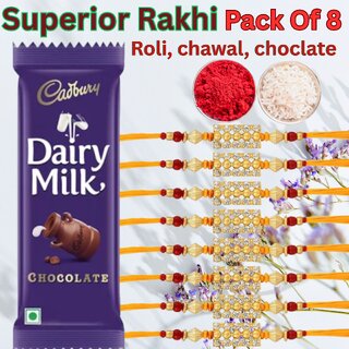 Superior Rakhi Combo Pack of 8 with Roli, Chawal & Dairy Milk Chocolate Traditional Rakhi Gift Set for Brother Superior Rakhi Combo Pack of 8 with Roli, Chawal & Dairy Milk Chocolate Traditional Rakhi Gift Set for Brother