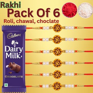                       Om Rakhi Combo  Pack of 8 with Roli, Chawal & Dairy Milk Chocolate                                              