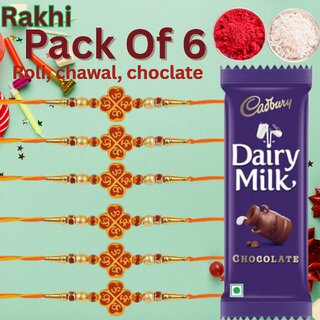                       Designer Rakhi Set of 6 with Roli, Chawal & Dairy Milk Chocolate                                              