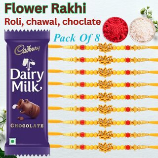                      Lotus Flower Rakhi Combo  Pack of 8 with Roli, Chawal & Dairy Milk Chocolate                                              