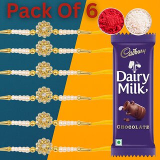                       Premium Pearl Rakhi Set of 6 with Roli, Chawal & Dairy Milk Chocolate                                              