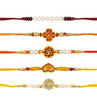                       Elegant Pearl Rakhis with Crystal Embellishments Best Rakhi Combinatin Pack Of 5                                              