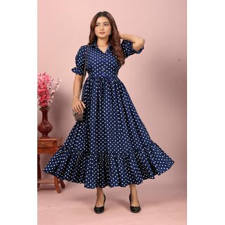                       Fancy Flair Women Navy Blue Short Sleeve Polkadot Fit  Flare Dress                                              