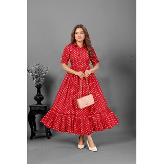                       Fancy Flair Women Red Short Sleeve Polkadot Fit  Flare Dress                                              