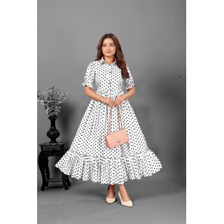                       Fancy Flair Women White Short Sleeve Polkadot Fit  Flare Dress                                              